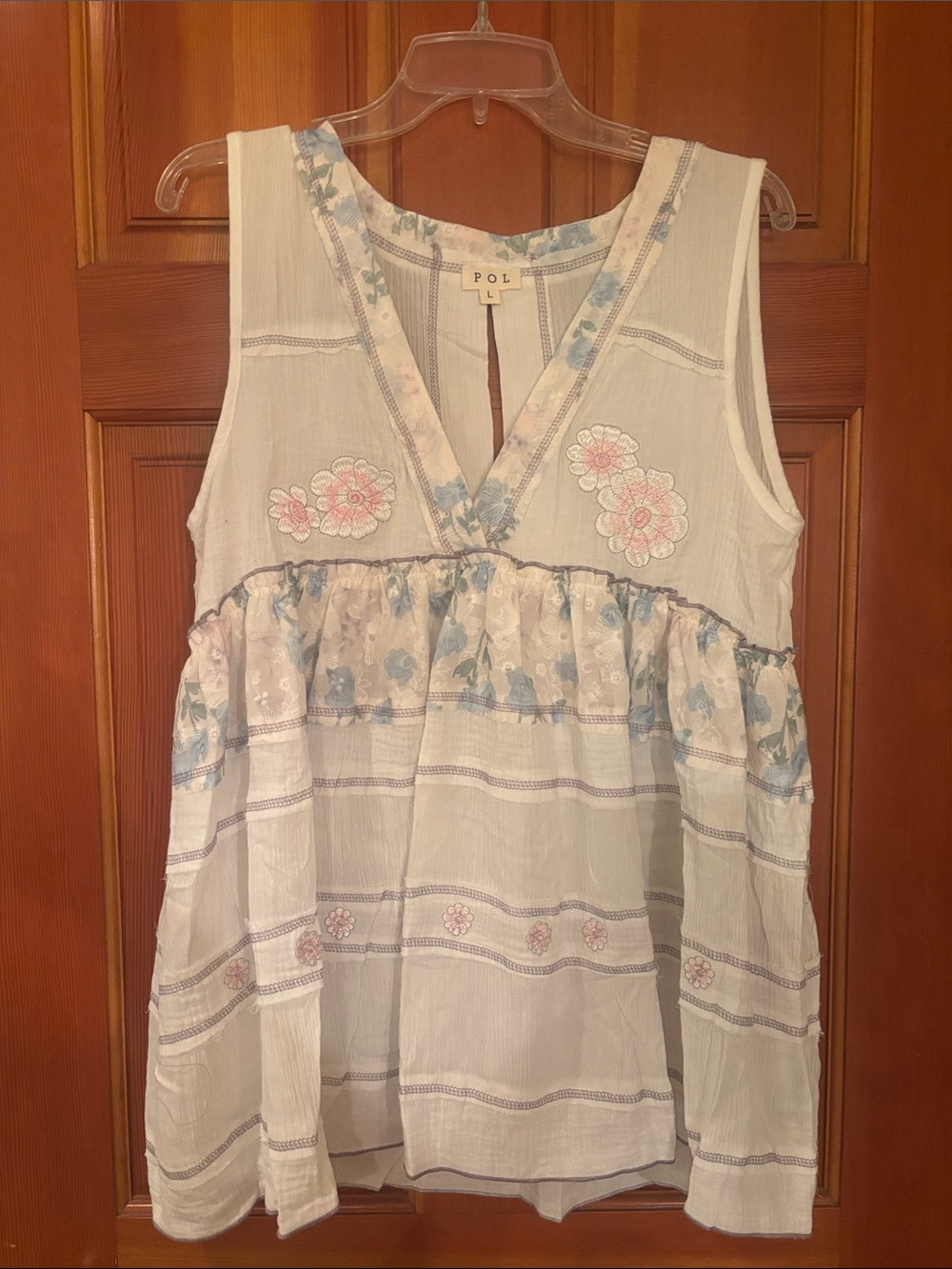 NEW POL White Sleeveless Tunic with Blue and Pink Floral Embroidery
